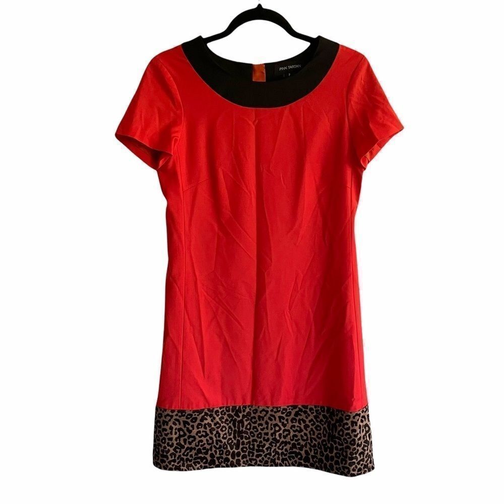 Pink Tartan Red Leopard Print Wool Short Sleeve Mini Shift Dress Size 2